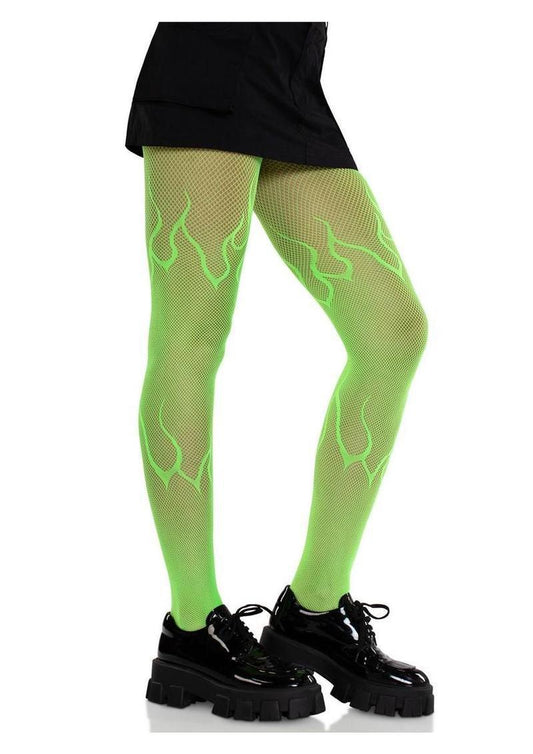 Leg Avenue Flame Net Tights - Neon Green - O/S