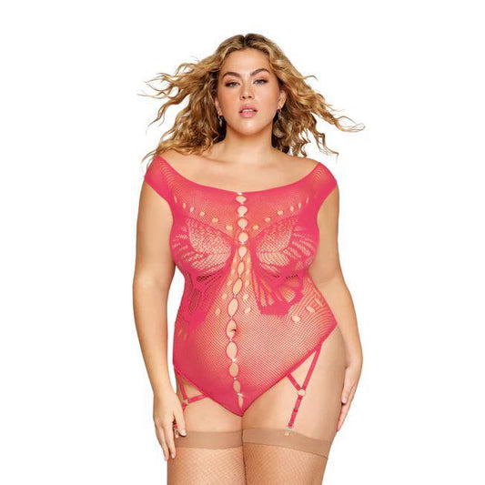 Dreamgirl Butterfly Fishnet Teddy with Garter Straps Watermelon O/S