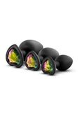 Luxe Bling Butt Plugs Silicone Training Kit with Rainbow Gems (3 size kit) - Black