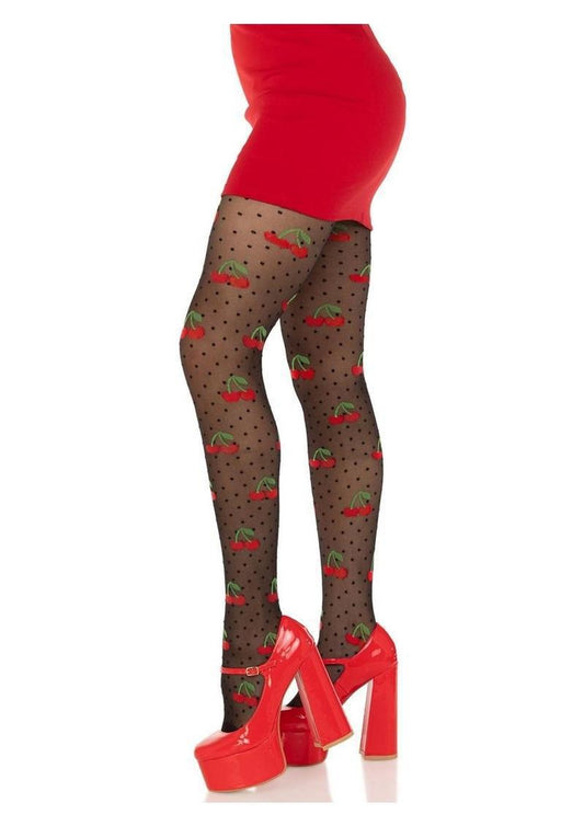 Leg Avenue Spandex Sheer Polka Dot Cherry Tights - OS - Black