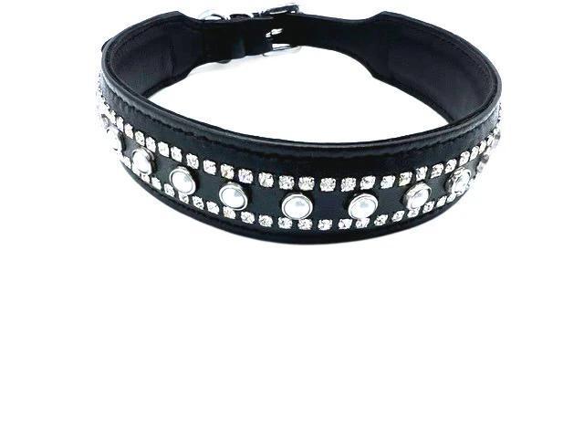 LEATHER KITTY COLLAR WITH RHINESTONES & WHITE PEARLS