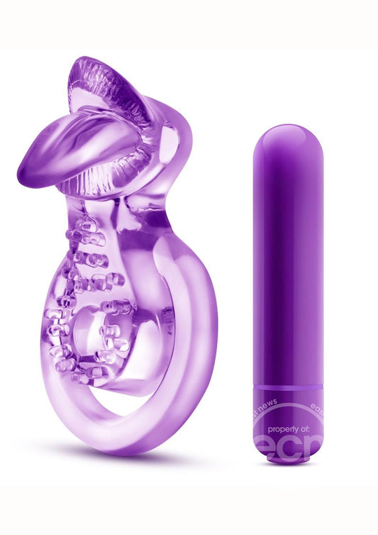 Play with Me Lick It Vibrating Double Strap Cock Ring - Purple