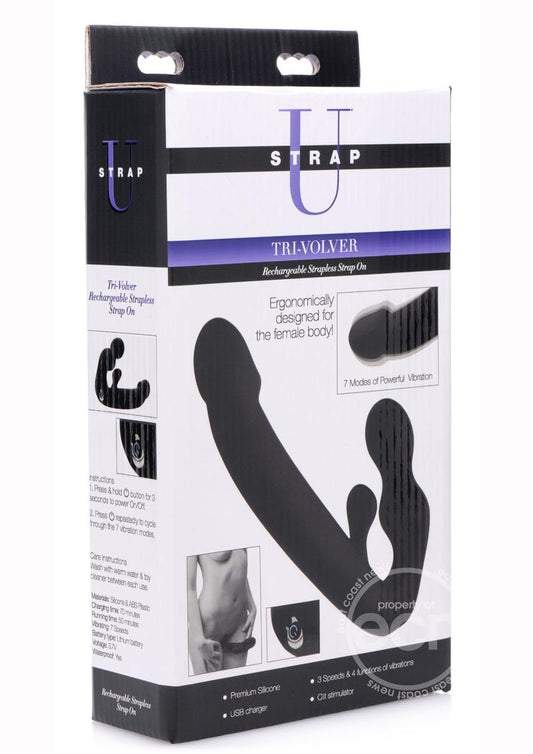 Strap U Tri-Volver Rechargeable Silicone Strapless Strap On - Black