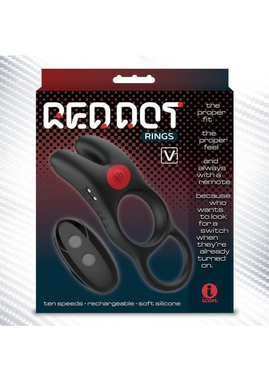 Red Dot Silicone Rechargeable Vibrating Cock Ring with Remote Control V1 - Black/Red