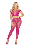 Leg Avenue Net and Lace Off-the-Shoulder Crop Top and Footless Tights (2 Piece) - Magenta - O/S