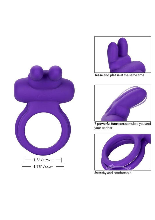 Silicone Rechargeable Dual Rockin Rabbit Multi Speed Cockring Waterproof - Purple