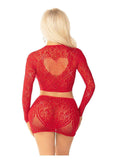 Leg Avenue Rhinestone Lace and Net Crop Top with Heart Keyhole Detail and Mini Skirt (2 Piece) - OS - Black