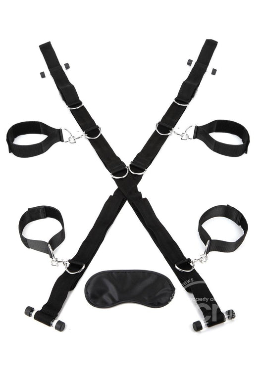 Lux Fetish Over The Door Cross with 4 Universal Soft Restraint Cuffs - Black