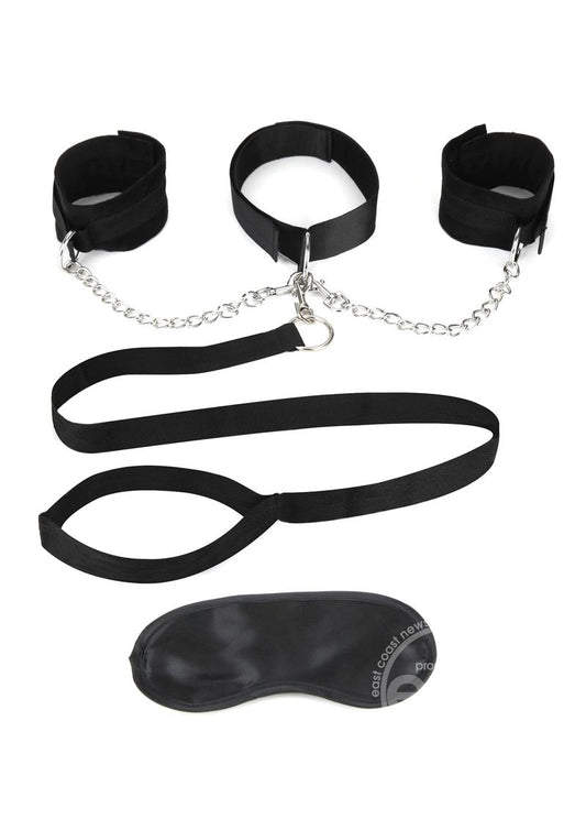 Lux Fetish Collar, Cuffs & Leash Set with Removable Cuffs & Leash - Black