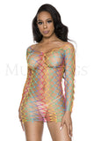 BIG DIAMOND NET RAINBOW MINI LONG SLEEVE SCOOP NECK