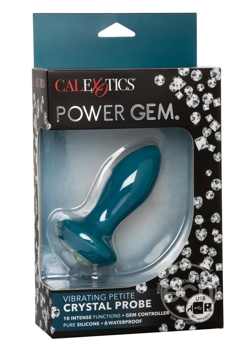 Power Gem Vibrating Petite Crystal Probe Silicone Rechargeable Butt Plug - Blue