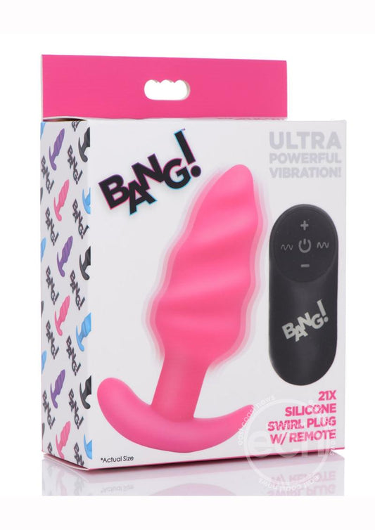 Bang! 21x Vibrating Silicone Rechargeable Swirl Butt Plug with Remote Control - Pink