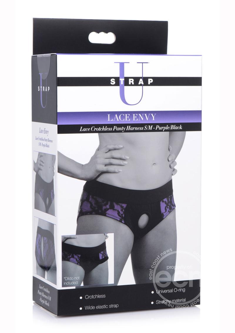 Strap U Lace Envy Lace Crotchless Panty Harness - Purple/Black