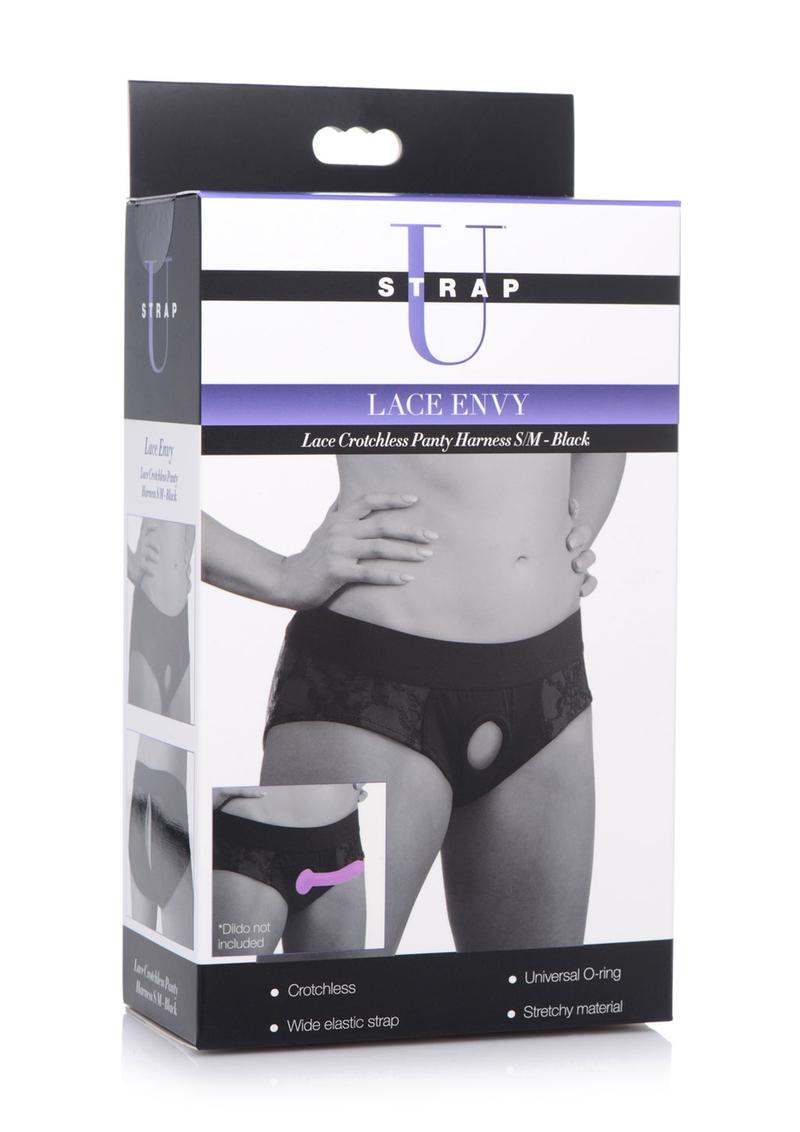 Strap U Lace Envy Black Crotchless Panty Harness - Black