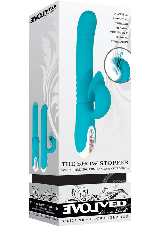 Show Stopper Rechargeable Silicone Dual Vibrator with Clitoral Stimulator - Teal