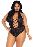 Leg Avenue High Neck Floral Lace Backless Teddy with Lace Up Accents and Crotchless Thong Panty