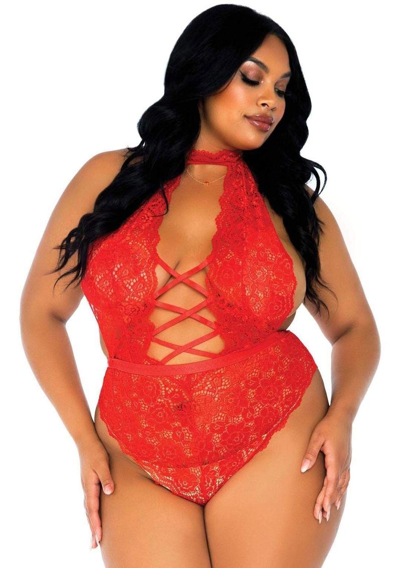 Leg Avenue High Neck Floral Lace Backless Teddy with Lace Up Accents and Crotchless Thong Panty