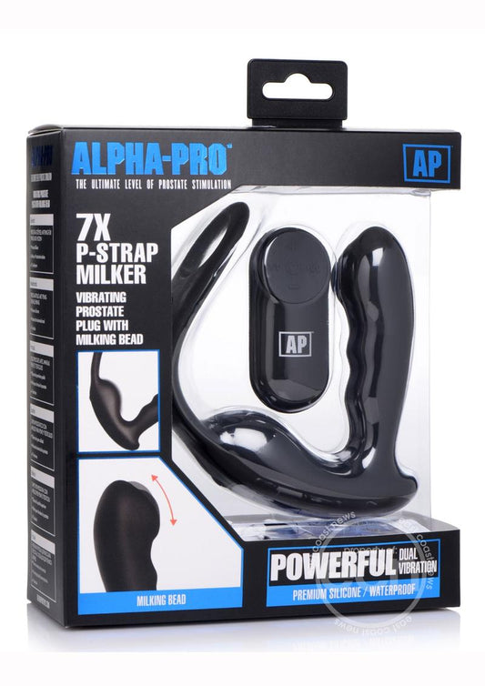 Alpha Pro 7X P-Strap Milker Silicone Rechargeable Vibrating Prostate Plug with Milking Bead, Cock & Ball Ring and Remote Control - Black