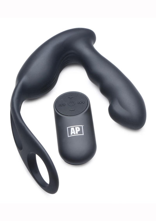 Alpha Pro 7X P-Strap Milker Silicone Rechargeable Vibrating Prostate Plug with Milking Bead, Cock & Ball Ring and Remote Control - Black