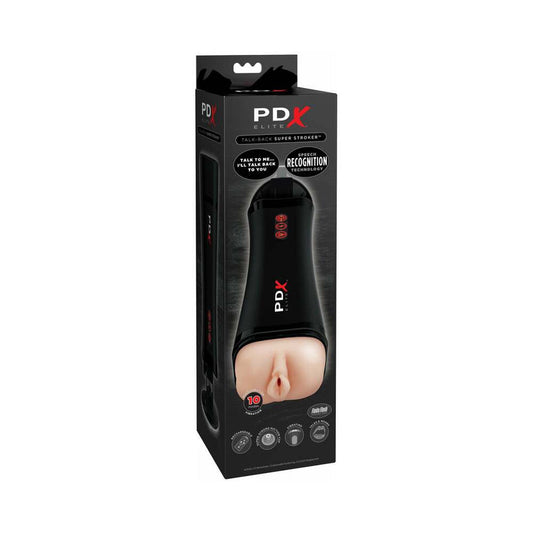 PDX Elite Talk-Back Rechargeable Vibrating Super Stroker With Hands-Free Suction Cup Beige/Black