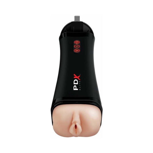 PDX Elite Talk-Back Rechargeable Vibrating Super Stroker With Hands-Free Suction Cup Beige/Black