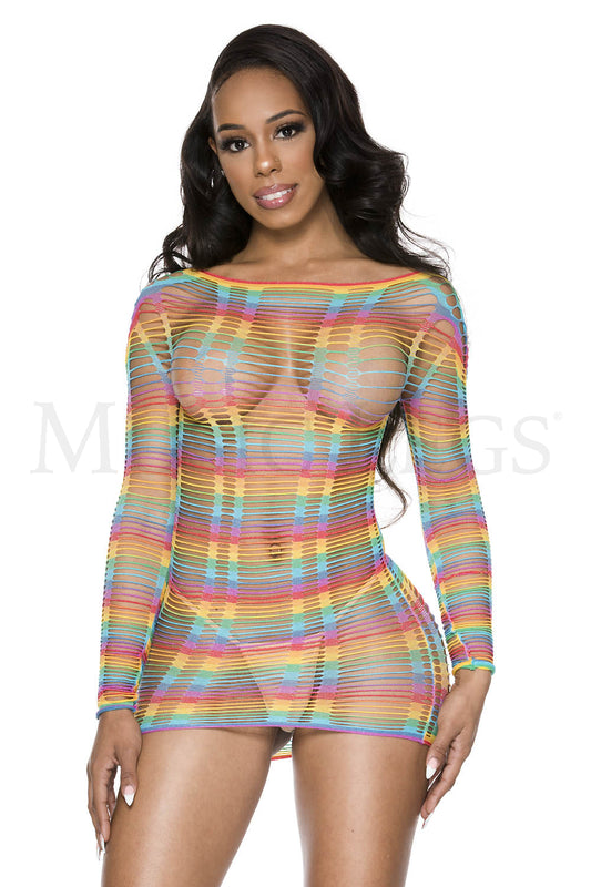 MULTI NET RAINBOW VERTICAL STRIPE HIGH NECK LONG SLEEVE MINI DRESS