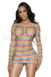 MULTI NET RAINBOW VERTICAL STRIPE HIGH NECK LONG SLEEVE MINI DRESS