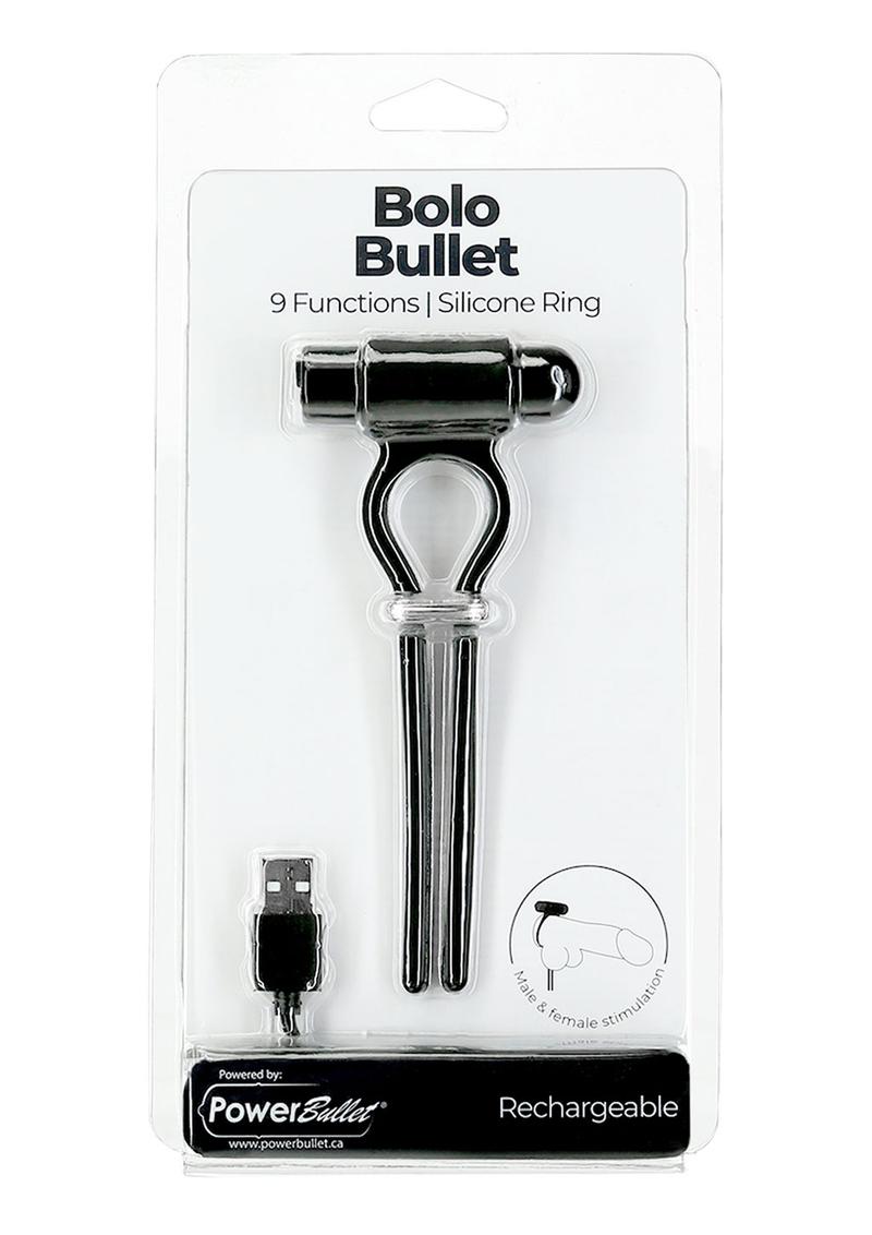 PowerBullet Bolo Bullet Rechargeable Silicone Cock Tie - Black/Silver