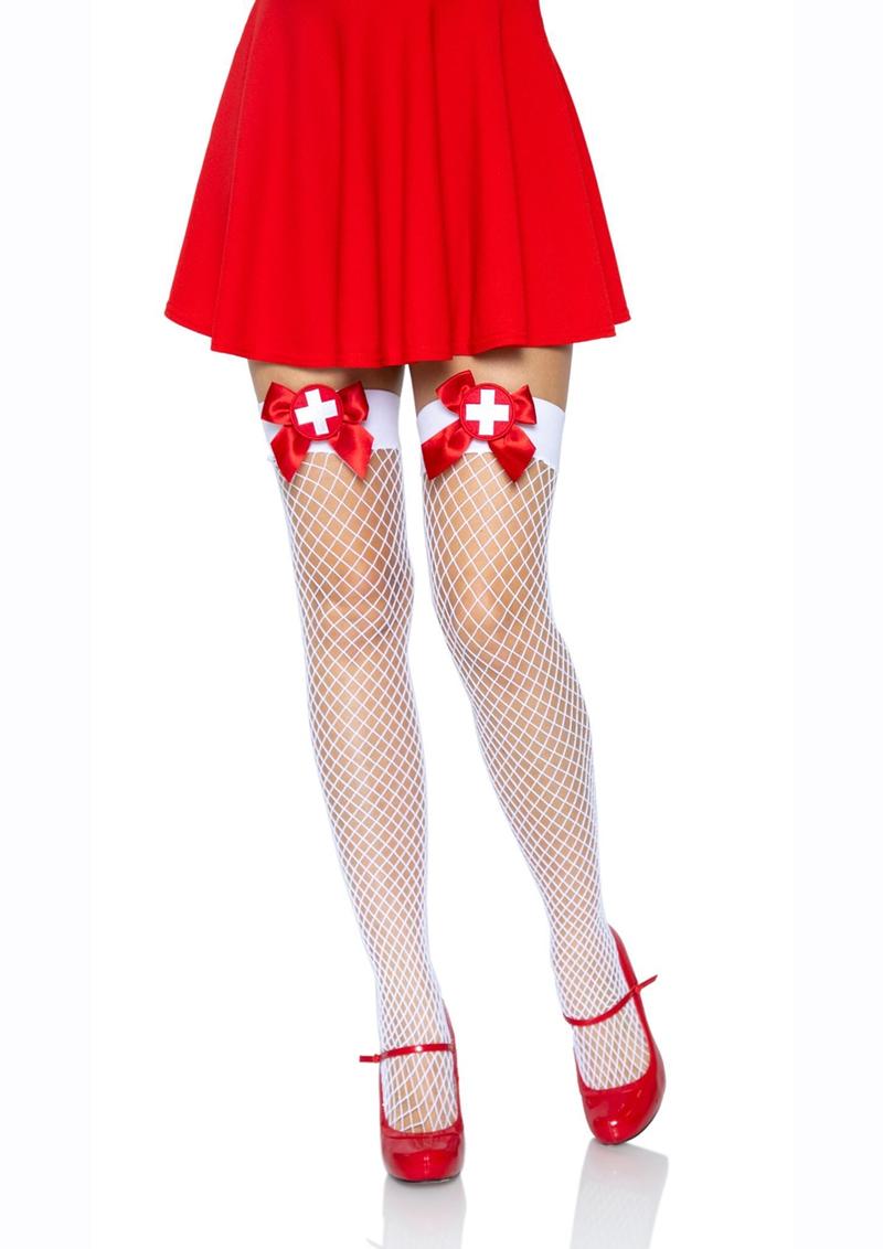 Leg Avenue Industrial Net Thigh High - OS - White/Red