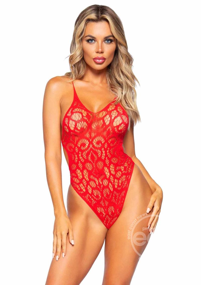 Leg Avenue Seamless Scroll Lace with Nearly Naked Strappy Back - O/S - Red