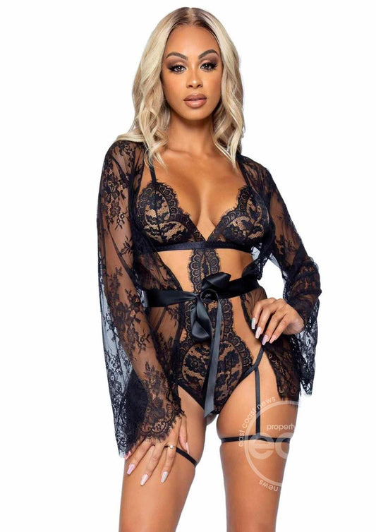 Leg Avenue Eyelash Lace Garter Teddy with G-String Back and Adjustable Straps, Lace Robe and Ribbon Tie (3 pieces) - Small - Black