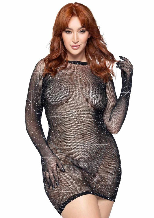 Rhinestone Fishnet Gloved Mini Dress - 1X/2X - Black