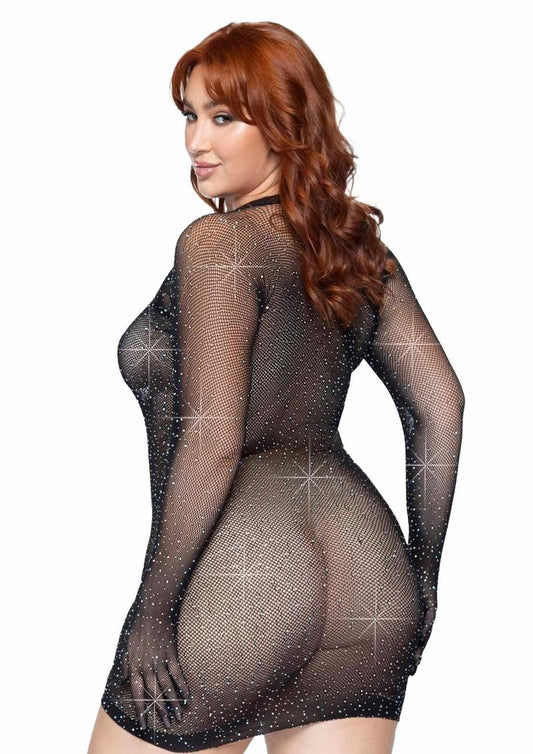 Rhinestone Fishnet Gloved Mini Dress - 1X/2X - Black