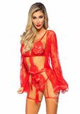 Leg Avenue Eyelash Lace Garter Teddy with G-String Back and Adjustable Straps, Lace Robe and Ribbon Tie (3 pieces) - Small - Red