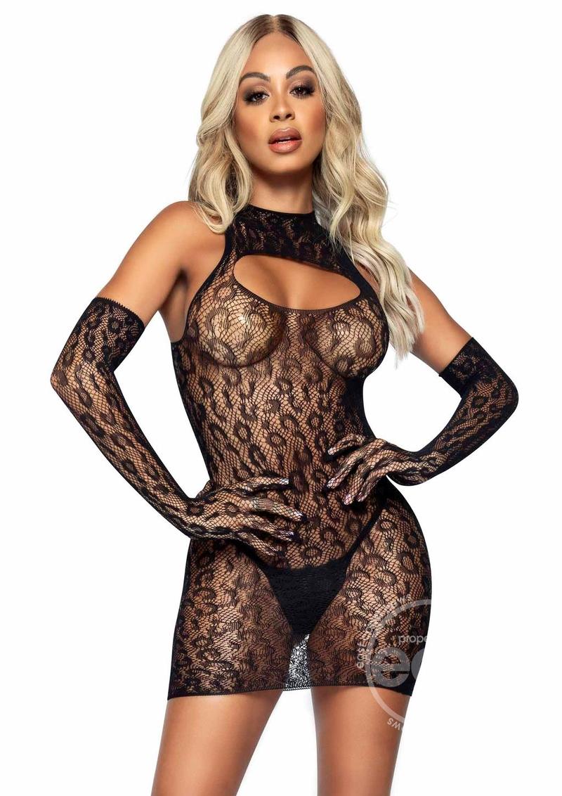 Leg Avenue Leopard Net Keyhole Dress and Matching Gloves (2 pieces) - O/S - Black