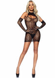 Leg Avenue Leopard Net Keyhole Dress and Matching Gloves (2 pieces) - O/S - Black