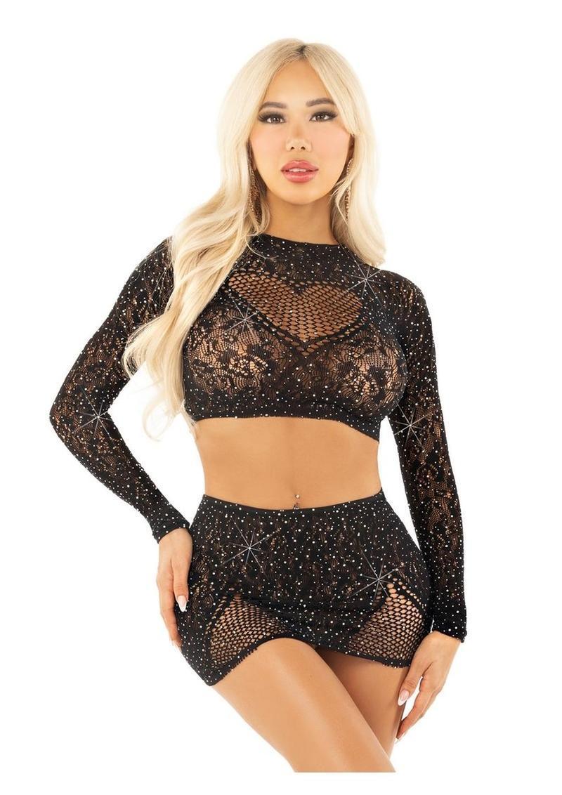 Leg Avenue Rhinestone Lace and Net Crop Top with Heart Keyhole Detail and Mini Skirt (2 Piece) - OS - Black