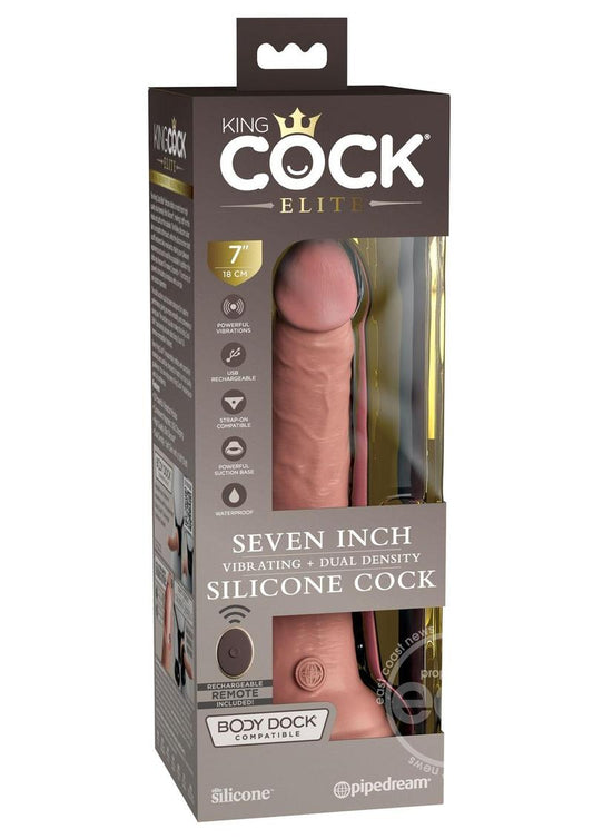 King Cock Elite Dual Density Vibrating Rechargeable Silicone with Remote Control Dildo 7in - Vanilla