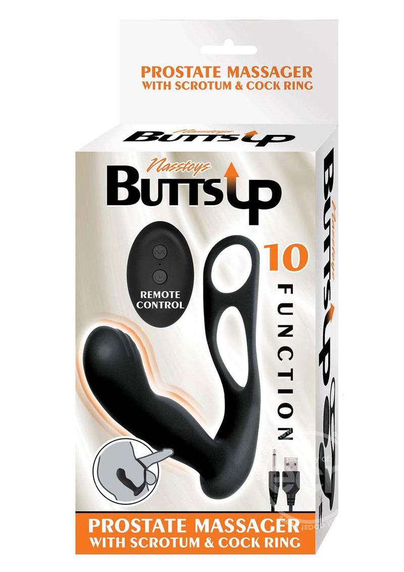 Butts Up Rechargeable Silicone Prostate Massager with Scrotum & Cock Ring - Black