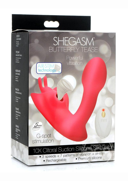 Shegasm Butterfy Tease Rechargeable Silicone 10X Clitoral Suction Stimulator with Remote Control - Pink