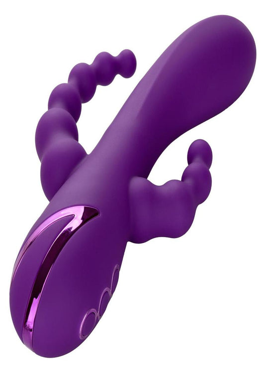 California Dreaming Long Beach Bootylicious Rechargeable Silicone Dual Penetrating Rabbit Vibrator - Purple