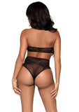 Leg Avenue Dotted Net Keyhole Halter Crop Top with Lace Accents and High Waist Thong Panty (2 pieces) - OS - Black