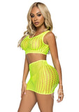 Leg Avenue Crochet Net Tank Crop Top and Mini Skirt (2 pieces) - O/S - Neon Yellow