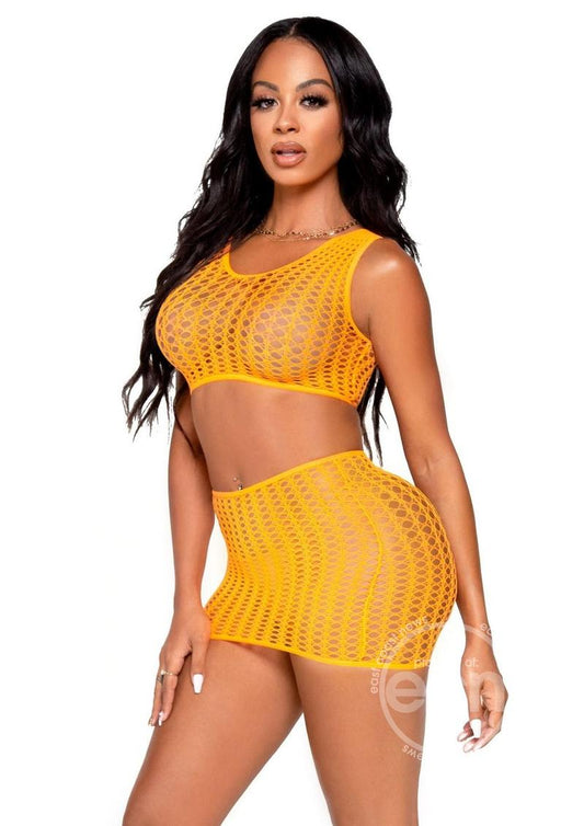 Leg Avenue Crochet Net Tank Crop Top and Mini Skirt (2 pieces) - O/S - Neon Orange