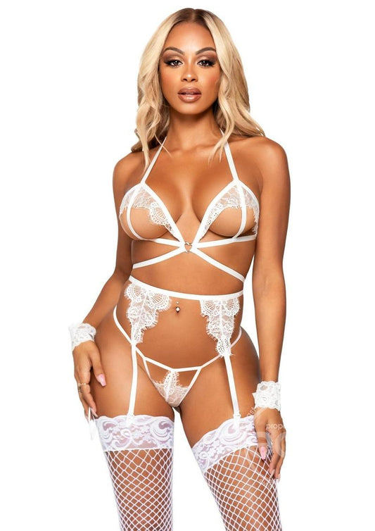 Leg Avenue Eyelash Lace Cage Strap Open Cup Bra with Heart Ring Accent, Garter Belt, G-String Panty and Wrist Cuffs (4 pieces) - O/S - White