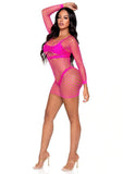 Leg Avenue Supreme Fence Net Long Sleeved Mini Dress - O/S - Neon Pink