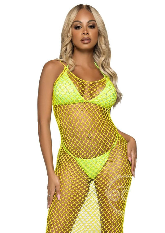 Leg Avenue Woven Twist Net Backless Maxi Dress - O/S - Lemon