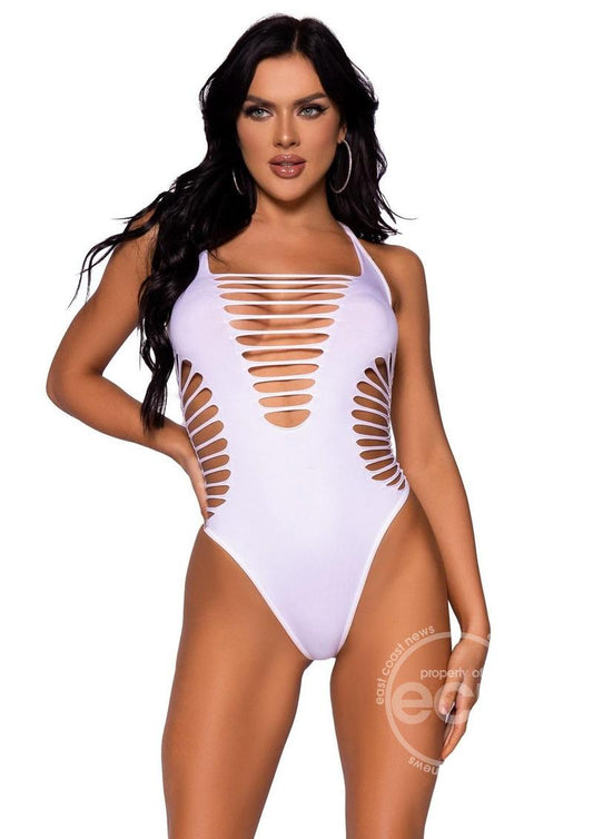 Leg Avenue Seamless Shredded Racer Back Thong Bodysuit - O/S - White