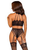 Leg Avenue Lace and Net Halter Crop Top and High Waist Crotchless Garter Panty with Attached Stockings (2 pieces) - O/S - Black