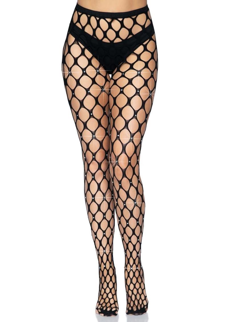 RHINESTONE JUMBO POTHOLE TIGHTS- O/S - BLACK